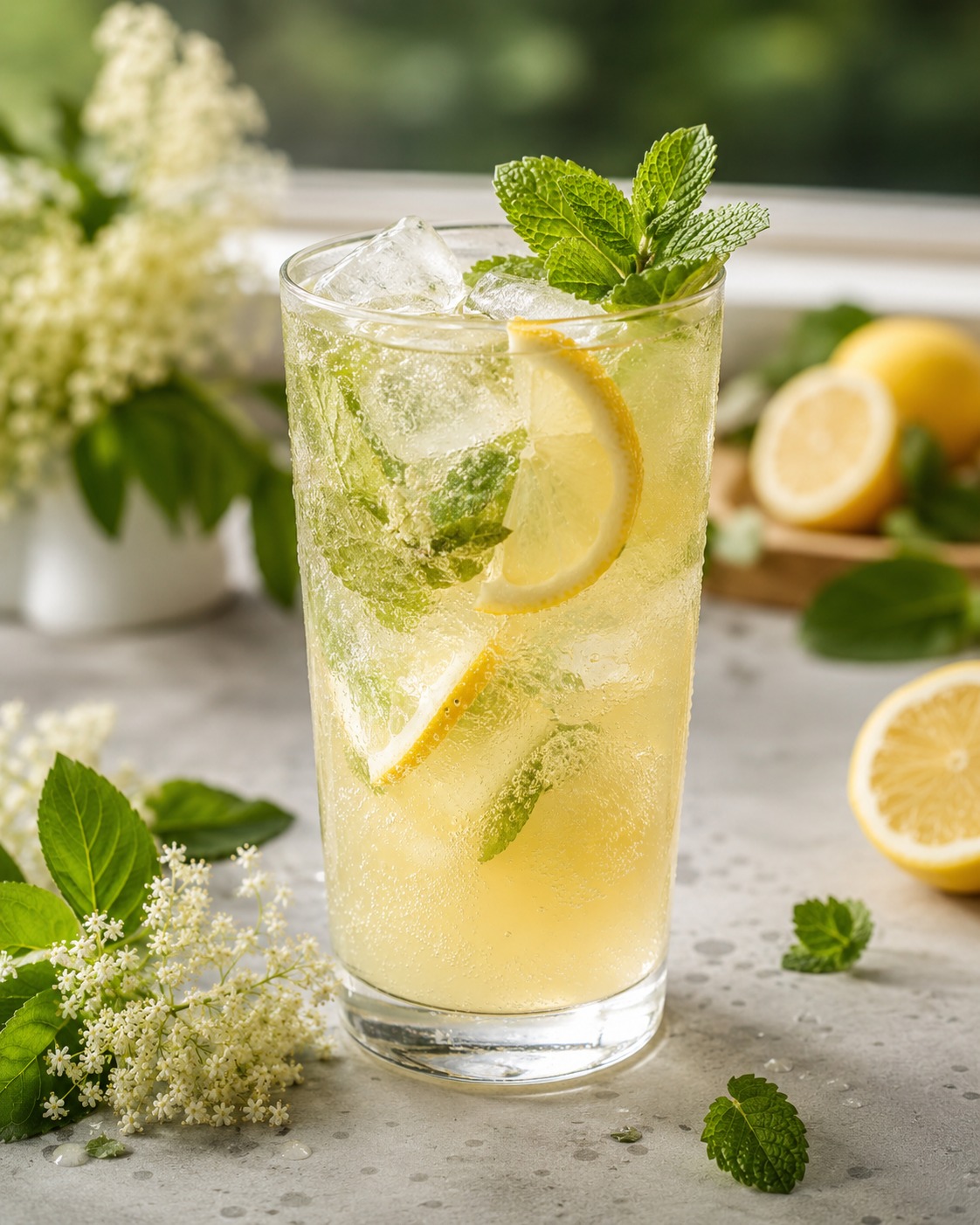 Holunderblütenlimonade mit Zitrone und Minze