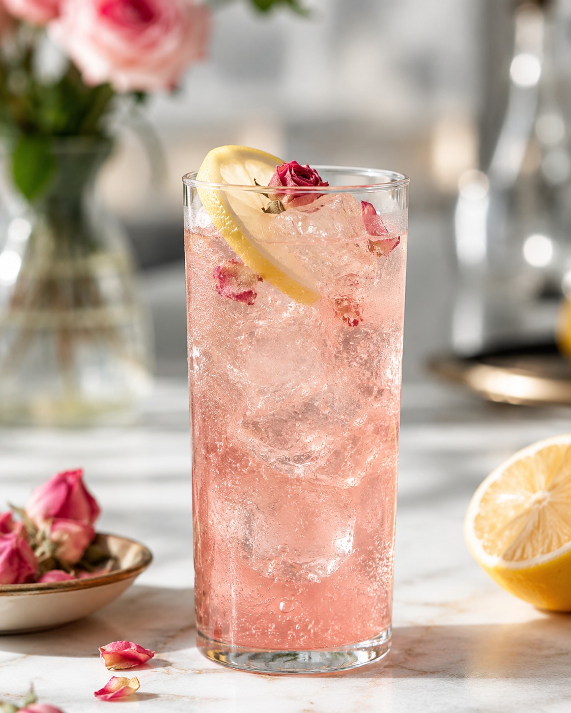 Rosenlimonade mit Zitrone und Sodawasser